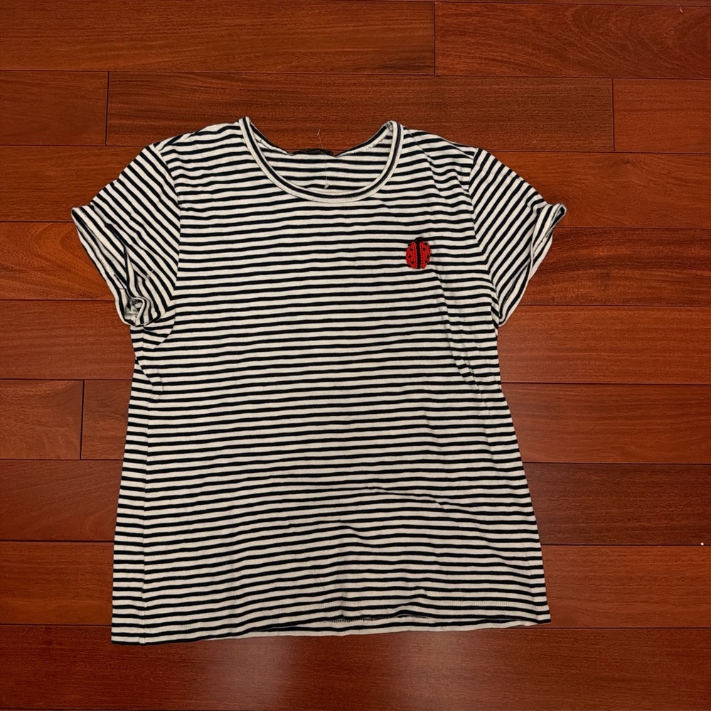 J. Crew Black & White Striped Short Sleeve Tee with Red Ladybug Patch